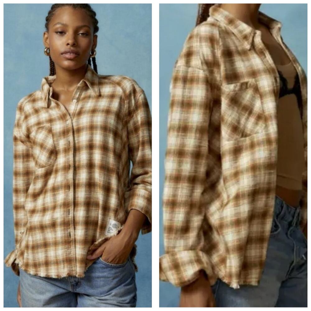 Urban Outfitters BDG Brixton Flannel Button-Down Shirt Large Tan Brown Grunge